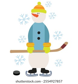 Snowman with stick and puck playing ice hockey  vector cartoon  illustration