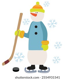 Snowman with stick and puck playing ice hockey  vector cartoon  illustration