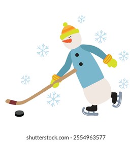 Snowman with stick and puck playing ice hockey  vector cartoon  illustration