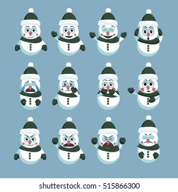 Snowman sticker emoticon set, vector eps10 cartoon style collection