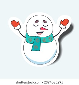 Hombre de nieve del sticker puesto en el diseño de dibujos animados. Esta temporada nevada con esta encantadora pegatina de personaje de muñeca navideña, lista para traer sonrisas a sus amigos y familia. Ilustración vectorial.