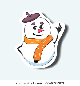 Snowman of the sticker set in cartoon design. This cheerful Christmas snowman character sticker is the star of holiday project, spreading happiness with its colorful style. Vector illustration.