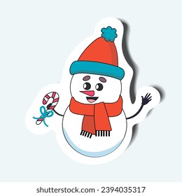 Snowman of the sticker set in cartoon design. Highlighting of the holiday warmth and happiness with cute Christmas snowman character sticker, designed in colorful sticker style. Vector illustration.