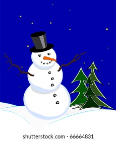 Snowman with stovepipe hat in winter night under starlit sky (raster version also available)