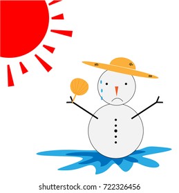 Snowman with straw hat and Hand held fan - Illustration,Melting ,Snow, Springtime, Sadness, Depression, height temperature