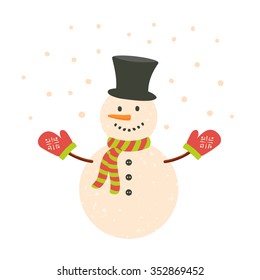Snowman in a striped scarf, mittens and hat. Vector illustration.