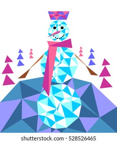 Snowman in the style of a polygon on a background of a winter forest. Snowman in a knitted scarf