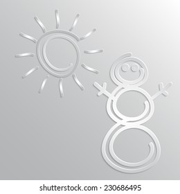 Snowman and sun on a gray background, 3D paper, vector, eps10