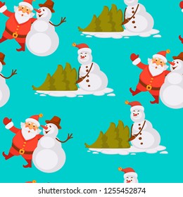 Snowman sunbathing vector seamless pattern of winter character wearing hat with mistletoe knitting and playing with bullfinch bird funny balls of snow with juice