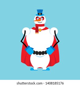 Snowman superhero. Super snow man in mask and raincoat. 