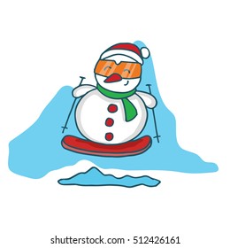Snowman with surfing board cartoon
