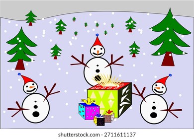 Snowman surround a pile of gift boxes.