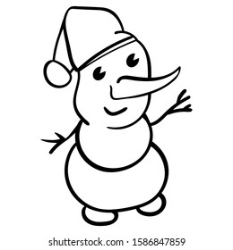 Snowman Symbol of the New Year and Christmas. Hand drawn Doodle Isolated on white. Cartoon style Vector illustration Coloring page, Coloring book