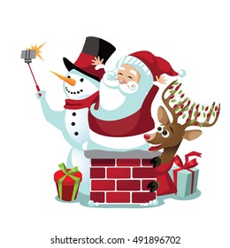 Snowman taking a selfie with Santa Claus and his reindeer on the rooftop. Christmas card, holiday element, icon design isolated on white background. EPS 10 vector.