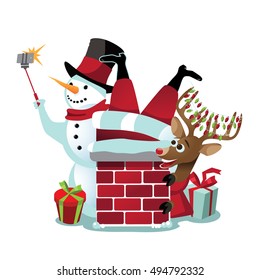 Snowman taking a selfie with Santa Claus stuck in the chimney and his reindeer.  EPS 10 vector.