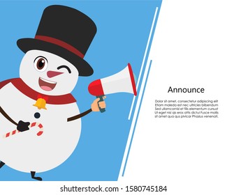 Snowman talk announcing through a megaphone and white template background