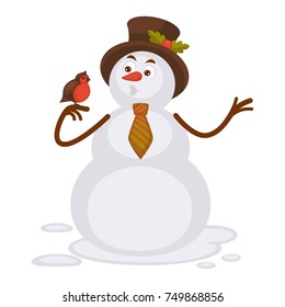 Snowman in tall hat and striped tie talks to bird