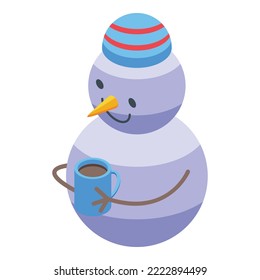 Snowman with tea mug icon isometric vector. Winter man. Fun character