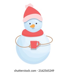 Snowman with team mug icon cartoon vector. Hat ice man. Winter scarf