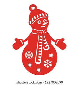 Snowman. Template for laser cutting, plotter cutting, wood carving or printing. New Year's decoration. Cutout openwork toy. Vector monochrome illustration. Christmas tree toy.