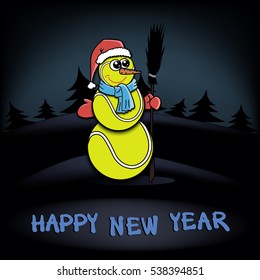 Snowman of tennis ball on a background of the dark forest of Christmas trees. Happy new Year. Vector illustration