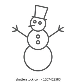 Snowman thin line icon, christmas and winter, snow sign, vector graphics, a linear pattern on a white background, eps 10.