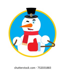 Snowman thumbs up winks emoji. New Year and Christmas vector illustration