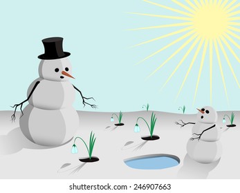 Snowman toddler scared of the bright sun rays. Parent in the hat, among the first spring flowers, trying to comfort him.