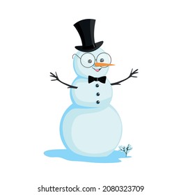 Snowman in a top hat, bow tie and glasses. Vector illustration of a cheerful snowman in cartoon style on a white background for decorating a flyer, postcard or poster.