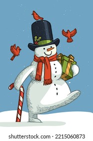 Snowman in top hat and candy cane carrying present and red cardinal birds flying around  Vintage Christmas character isolated illustration 