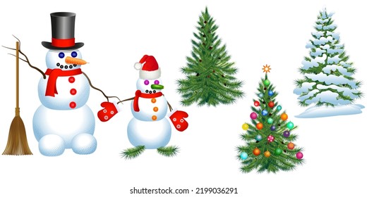 Snowman with top hat and in red Christmas Santa Claus hat. Christmas tree. Set for New Year concept. Vector illustration isolated on white background