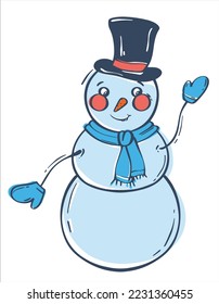 A snowman in a top hat waves his hand. Cartoon character on a white background. Cute character design. Christmas vector. Vector illustration element.