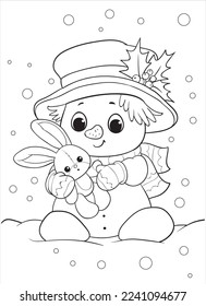 Snowman with a toy bunny. Coloring book for children.