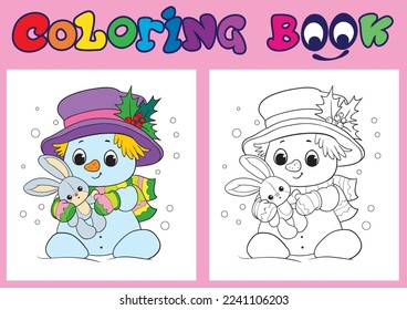 Snowman with a toy bunny. Coloring book for children.