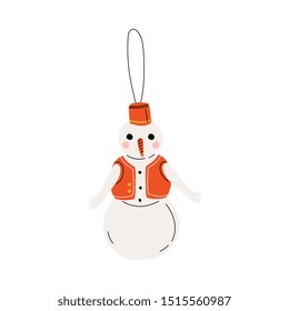 Snowman Traditional Christmas Decoration, New Year Symbol Hanging on Ribbon Vector Illustration