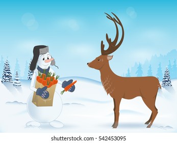 snowman treats reindeer a carrot. the package in his hands. hat with ear-flaps. winter landscape. scenic. vector illustration. pattern, poster, postcard.