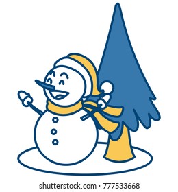 Snowman and tree christmas cartoon
