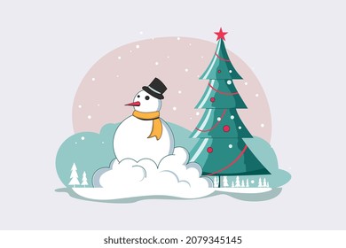 Snowman and Tree Christmas Illustration. Winter isolated illustration. Holiday design with snowman. Happy New year greeting card
