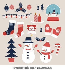 Snowman tree gloves socks bells candle christmas illustration