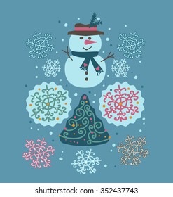snowman, tree and snowflakes on blue background