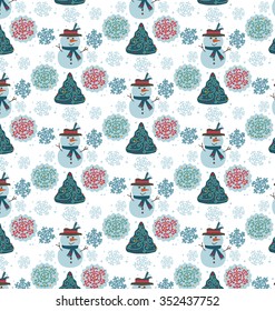 snowman, tree and snowflakes on blue background