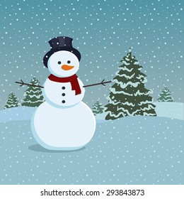 Snowman and trees covered in snow