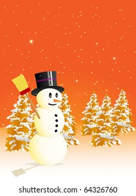 Snowman and trees at sunset
