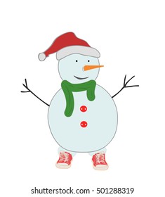 Snowman in trendy red shoes. Vector illustration.