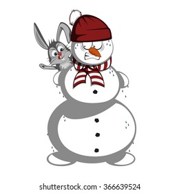A snowman is in trouble (a hungry bunny is about to eat his nose).
