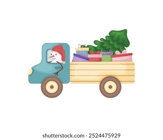 The snowman is in the truck. A cute children s illustration of a snowman carrying Christmas gifts. A snowman with a cartoon-style Christmas tree. Vector