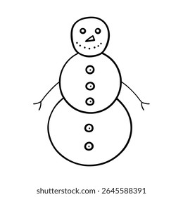 a snowman with twig arms and dotted buttons line
