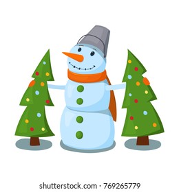 Snowman with two Christmas trees. Vector illustration.