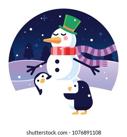 snowman and two cute penguins