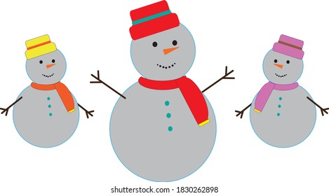 Snowman with two friends, with colorful hats, smiling and playing together. Adorable vector winter illustration.